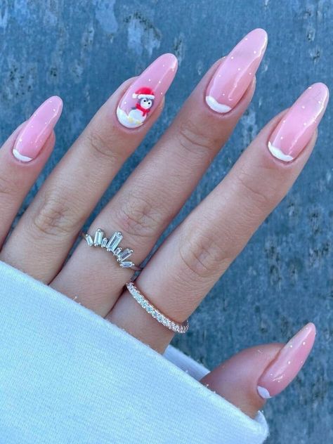 Long pink nails with snow and snowman designs Nail Appliques, Holiday Themed Nails, Snow Nails, Snowman Nails, Nails Holiday, New Years Nail Designs, New Years Eve Nails, December Nails, Festive Nail Art