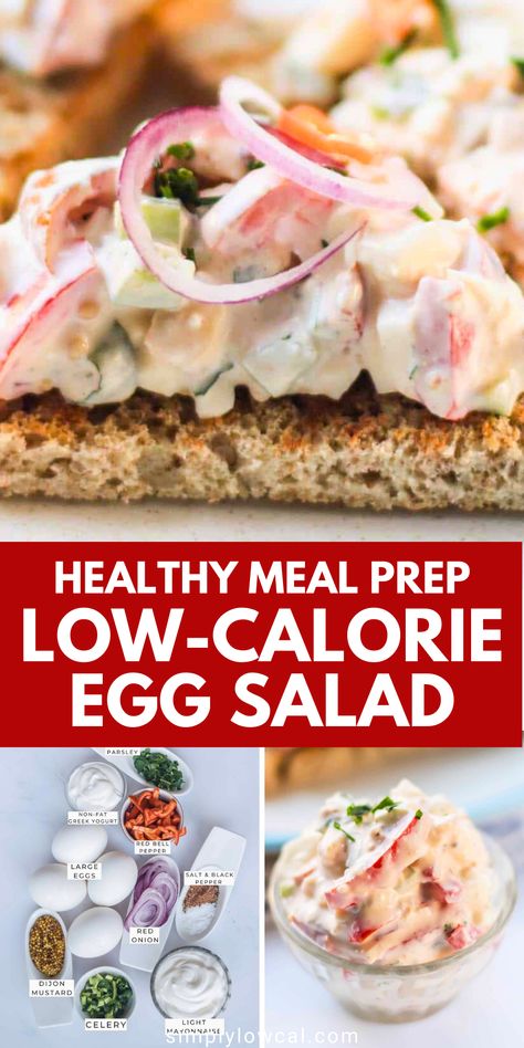 Try this creamy low-calorie egg salad, one of our favorite healthy lunch ideas. It’s low-calorie, low-carb, and high-protein, made with boiled eggs, a light mayo and Greek yogurt dressing, and crispy veggies. Perfect for meal prep on a budget, whether for work or home! #mealprepfortheweek #lunchmealprep #proteinmeals