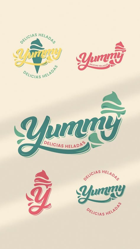 Diseño de Sistema Visual de Identidad para Yummy, heladería y cafetería. Laprida, Buenos Aires, Argentina #branding #brand #icecream #logo #icecreamlogo #icecreambrand Ice Cream Font, Cafe Branding Design, Ice Cream Branding, Cream Branding, Ice Cream Logo, Book Illustration Layout, Food Logo Design Inspiration, Font Love, Cake Logo Design