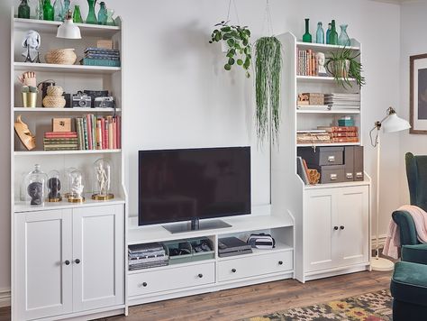 Ikea Hauga, Grey Living Room Furniture, Media Storage Unit, Ikea Tv, Grey Furniture Living Room, High Cabinet, Tv Storage, Casa Country, Painted Drawers