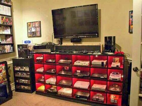 Video Game Console Organizer Bookshelf Bedroom Entertainment Center, Geek House, Basement Games, Best Gaming Setup, Game Room Basement, Gamer Setup, Nintendo Sega, Video Game Rooms, Man Cave Home Bar