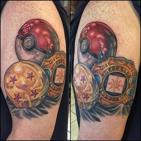 Pokeball Tattoo, Dragon Ball Z Tattoo, Yugioh Tattoo, Digimon Tattoo, Botanisches Tattoo, Nintendo Tattoo, Dbz Tattoo, Pikachu Tattoo, Nerdy Tattoos