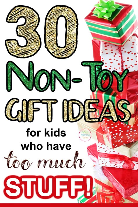 Do you need to buy a Christmas gift for a kids who has EVERYTHING they want already? You MUST see this list of ideas! This is a great list of simple non-toy Christmas gift ideas for kids of all ages. It will simplify Christmas for you and your loved ones. | presents for kids #christmasgifts #meaningfulgifts Christmas Gift 5 Things, Custom Christmas Gifts For Kids, Christmas Present Ideas Preschool, Christmas Wrapping Ideas For Grandkids, Children Diy Christmas Gifts, Christmas Gift For Siblings, 6 Gift Rule For Christmas, Kids Santa Gifts, Non Toy Gifts For Kids Christmas