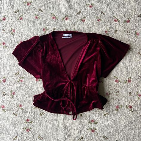 Burgundy velvet top with tie detail  #velvet #grunge... - Depop Diy Velvet Top, Velvet Crop Top Outfit, Velvet Top Outfit, Velvet Tops Outfit, Red Velvet Top, Velvet Clothing, Velvet Tees, Velvet Crop Top, Velvet Clothes