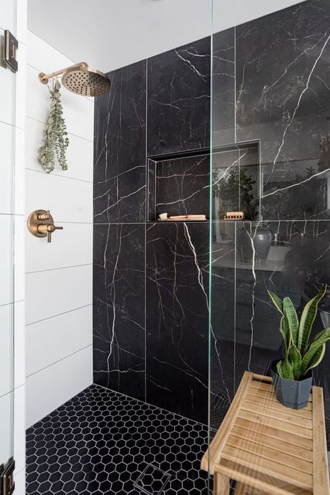 15 Stunning Black Tile Bathroom Floor Ideas - Nikki's Plate Black Tile Bathroom Floor, Modern European Home, Black Marble Bathroom, Black Tile Bathrooms, Marble Showers, Primary Bathroom, Black Tiles, Bathroom Remodel Designs, Black Shower