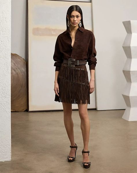 Brielle Fringe-Trim Lamb-Suede Skirt Suede Fringe Skirt, Ralph Lauren Fall, Peasant Skirt, Floral Pleated Skirt, Crepe Skirts, Women Ralph Lauren, Womens Maxi Skirts, Satin Midi Skirt, Long Skirts For Women