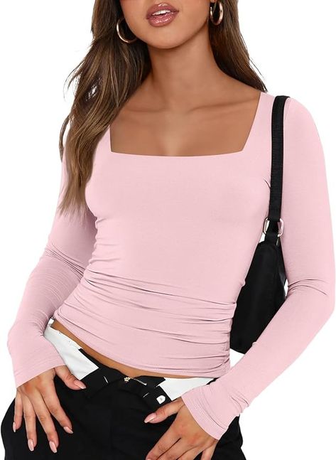 Trendy Queen Womens Valentines Day Long Sleeve Shirts 2024 Basic Crop Tops Fashion Slims Fitted Y2k Workout Clothes Square Neck Going Out Spring Outfits Pink at Amazon Women’s Clothing store Y2k Workout, Crop Tops Fashion, Basic Crop Tops, Queen Fashion, Tops Fashion, Womens Long Sleeve Shirts, Basic Tops, Retro Outfits, Square Neck