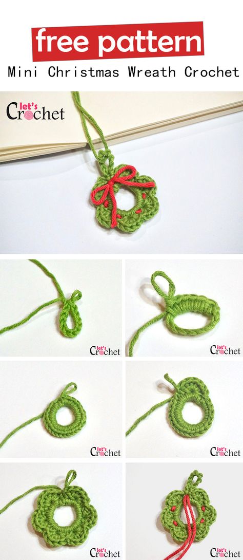 Mini Christmas Wreath Free Crochet Pattern Crochet Christmas Ornaments Free Pattern, Julkransar Diy, Crochet Wreath Pattern, Crochet Christmas Wreath, Crochet Christmas Ornaments Free, Crochet Ornament Patterns, Christmas Crochet Patterns Free, Crochet Wreath, Crochet Christmas Gifts