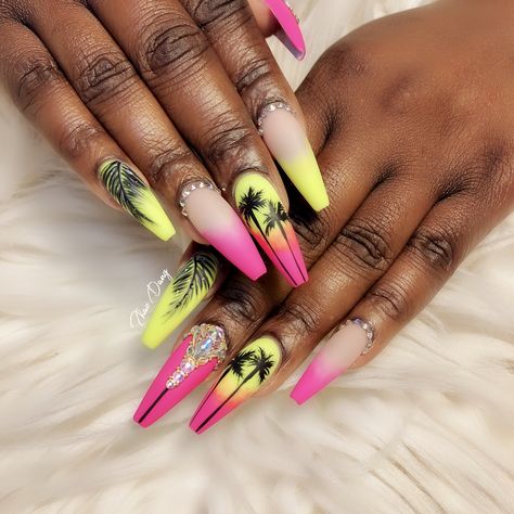 Summer vibes nail art by @nailsbytdang Tropical Nails Acrylic, Summer Cruise Nails, Tropical Acrylic Nails, Hawaii Nail Designs, Summer Vibes Nails, Wild Nails, Vacay Nails, Hawaiian Nails, Tropical Nail Art