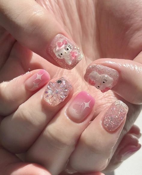 Kpop Nails, Bears Nails, Cute Short Nails, Hello Nails, Cute Simple Nails, Subtle Nails, Hello Kitty Nails, Glow Nails, Blush Nails