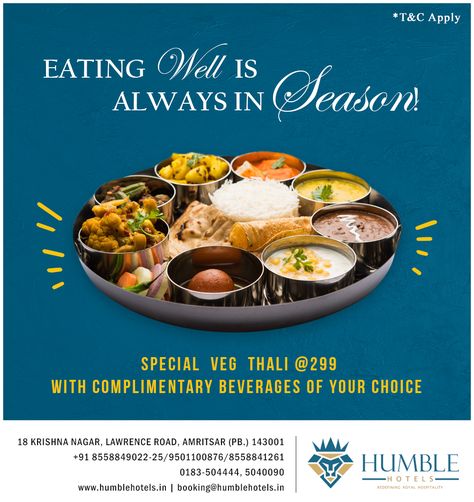 Vegetarian  Thali - A plate full of delightful Indian cuisine from across India.  Enjoy the deliciousness starting from ₹299 and get complimentary beverage of your choice...   Visit us now to Enjoy the mouthwatering flavours at Humble Hotel.. . . . . .  .  #foodoffers #vegthali #specialfooddiscount #foodoffers #hotelsinamritsar #amritsarhotels #besthotelsinamritsar #tophotelsinamritsar #budgetedhotelsinamritsar #humblehotel #cleanproperties #foodies #foodlovers #foodiesofinstagram #foodgram Gujarati Thali, Food Discount, Food Promotion, Navratri Special, Amritsar, Best Food, Eating Well, Best Foods, Background Design