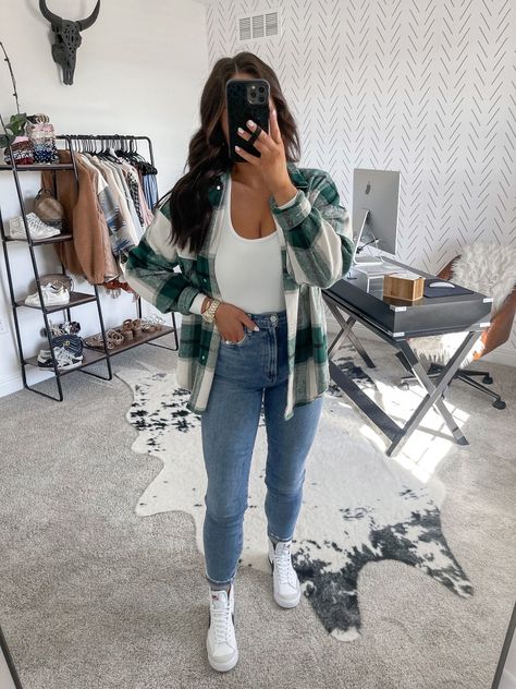 Plaid Shacket Outfit, Outfits With Nike Blazers, Blazer Mid 77 Outfit, Shacket Outfit Women, Nike Blazer Outfit, Nike Blazers Outfit, Shacket Outfit, Flannel Outfit, Flannel Outfits