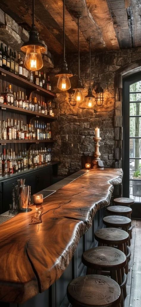 Home Tavern Ideas, Live Edge Bar Ideas, Bar Interior Design Rustic, Bar Lights Ideas, Cabin Bar Ideas, Basement Bar Lighting, Rustic Bar Design, Bar Ideas For Restaurants, Bourbon Bar Ideas