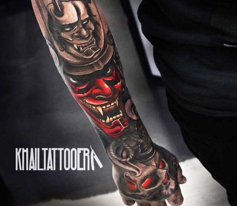 Tattoo photo - Samurai mask tattoo by Khail Tattooer Black And Red Japanese Tattoo, Red Japanese Tattoo, Japanese Forearm Tattoo, Samurai Mask Tattoo, Japanese Hand Tattoos, Samurai Tattoo Sleeve, Warrior Tattoo Sleeve, Samurai Warrior Tattoo, Japanese Tattoos For Men