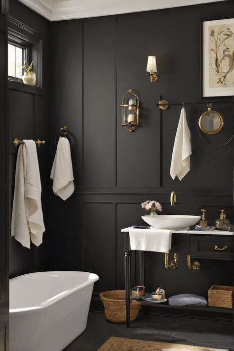 black bathroom vanity half bath minimalist black half bathroom ideas black half bathroom diy projects small black and white half bathroom half bathroom black countertop black and white half bathroom ideas decor matte black bathroom fixtures half bath black and grey half bathroom ideas black sink half bathroom half bathroom ideas with black vanity bathroom half black wall black half bathroom renovation ideas black and gold half bathroom ideas half black bathroom ideas Black Moldings And Trim Bathroom, Tricorn Black Wainscoting, Black Paint Powder Room, Small Bathroom Painted Black, Tricorn Black Bathroom, Grey Half Bathroom Ideas, White Half Bathroom Ideas, Color For Bathroom Walls, Half Bathroom Ideas Decor