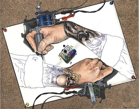 Drawing Hands by eddiehollomon Hand Holding Tattoo, Sketchbook Assignments, Mc Escher, Art Parody, Desenho Tattoo, Tattoo Machine, Tattoo Styles, Cute Tattoos, Tattoo Studio