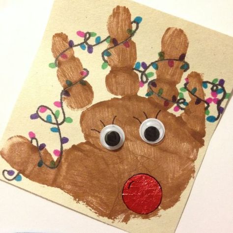 Hand Print Rudolph, Reindeer Craft Handprint, Handprint Card Ideas, Rain Deer Hand Print, Handprint Reindeer Crafts For Kids, Rain Deer Crafts Christmas For Kids, Hand Reindeer Craft, Handprint Xmas Cards, Reindeer Handprints For Kids