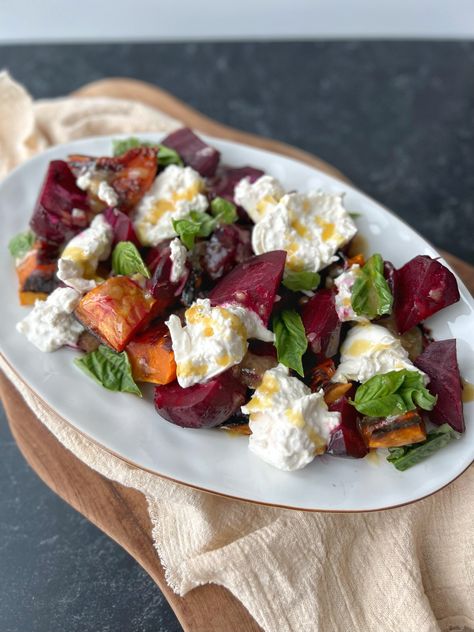 Roasted Beet & Sweet Potato Salad with Creamy Burrata Beet Sweet Potato, Roasted Salad, Sweet Potato Salad, Roasted Beet Salad, Burrata Salad, Warm Salad, Beet Recipes, Vegetarian Salads, Salad With Sweet Potato