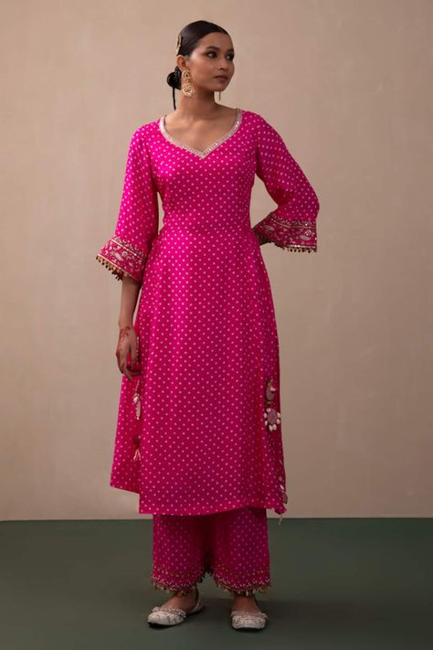 Buy Pink Silk Embroidered Bandhani Pattern And A-line Kurta & Pant Set For Women by Pink City Online at Aza Fashions. Bandhini Kurta Designs, Bandhani Co Ord Set, Bandhani Suits Design, Bandhani Dress Pattern, Shaadi Outfits, Bandhani Suit, Bandhani Pattern, Girly Backpacks, Banana Roll