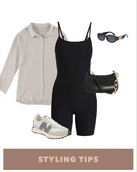 Black Workout Onesie Outfit, Black Romper Outfit Casual Street Styles, Short Onesie Ideas Women, Romper With Button Down Shirt, Bodysuit Romper Outfit Ideas, New Balance Outfit Black Women Summer, Bodycon Romper Outfit With Sneakers, Romper And Sneakers Outfits, Tank Romper Outfit