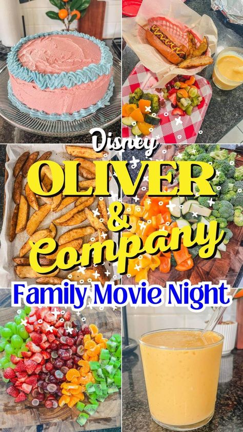 Oliver and Company Inspired Dinner Family Movie Night - Our Crow's Nest Oliver And Company Dinner And A Movie, Oliver And Company Movie Night, Dinner Movie Night, Movie Inspired Recipes, Family Movie Night Snacks, Disney Movie Night Menu, Disney Themed Movie Night, Disney Movie Night Food, Movie Dinner