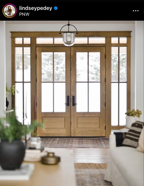 Double Wood Front Doors, French Doors With Transom, French Entry Doors, Double Door Entryway, House Entry, Double Doors Exterior, House Redo, Wood Entry Doors, Bungalow Renovation