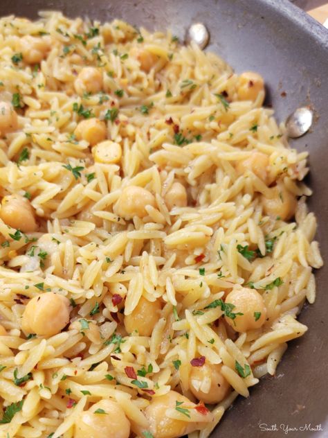 Chicken And Garbanzo Beans Recipes, Orzo Chickpea, Chickpea Orzo, Recipe With Chickpeas, Vegan Rice Dishes, Spicy Chickpeas, Garbanzo Bean Recipes, Garbanzo Beans Salad, South Your Mouth