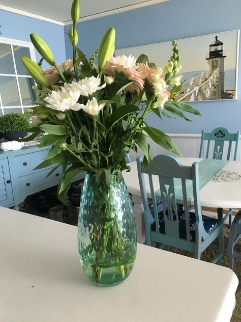 Exquisite teal blue turquoise glass vase my husband gave me which he filled with flowers Vase Flowers, Dado Rail, Clear Vase, Apartment Renovation, First Down, Turquoise Glass, Coastal Beaches, Blue Turquoise, Pretty Flowers