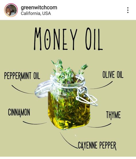 Money Oil Recipe, Money Oil, Money Spells Magic, Magick Oil, Wicca Recipes, Magickal Herbs, Easy Spells, Wiccan Magic, Magic Spell Book