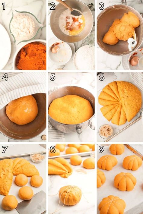 These Pumpkin Dinner Rolls are made with a delicious yeast dough and shaped into pumpkins using food-safe twine with almonds as the stem! Over a dozen of these dinner rolls take only 15 minutes to prep! Pumpkin Shape Rolls, Pumpkin Yeast Rolls, Pumpkin Shaped Dinner Rolls, Pumpkin Shaped Rolls, Pumpkin Dinner Rolls Recipe, Shaped Dinner Rolls, Pumpkin Dinner Rolls, Pumpkin Dinner, Yeast Dough