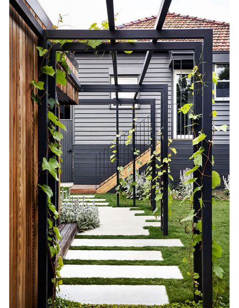 Black Pergola, Cladding Wall, Melbourne Home, Door House, Metal Trellis, Melbourne House, Large Backyard, Most Beautiful Gardens, The Local Project