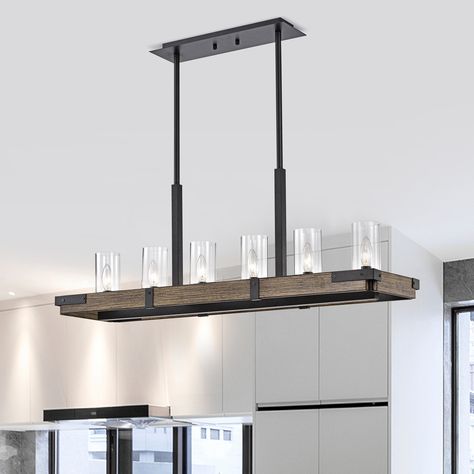 Description: Update and enliven your kitchen island with the bold, stylish lighting of this linear chandelier. 1920s Home Decor, Modern Farmhouse Pendant Lighting, Stair Remodel, Kitchen Island Linear Pendant, Minimalist Home Interior, Light Kitchen Island, Floor Remodel, Kitchen Island Lighting Pendant, Light Kitchen