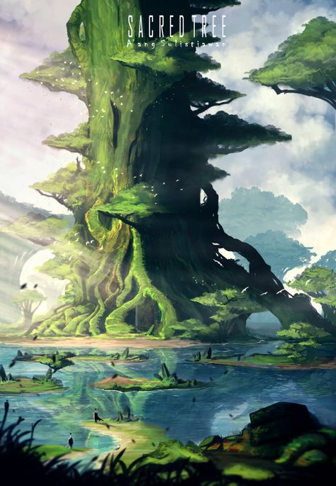 ArtStation - Sacred Tree, A'ang Sulistiawan Sacred Tree, 강아지 그림, Landscape Concept, Fantasy Forest, Fantasy City, Fantasy Castle, Fantasy Setting, Fantasy Places, Fantasy Novel