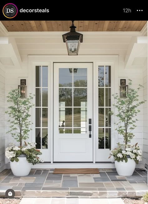 White Glass Entry Door, Side Door Entrance Ideas Curb Appeal, Big House Entrance, Hamptons Style Front Door, White Front Door Exterior, White Front Door Ideas, Exterior French Doors Patio, Exterior Back Door, House Front Door Ideas