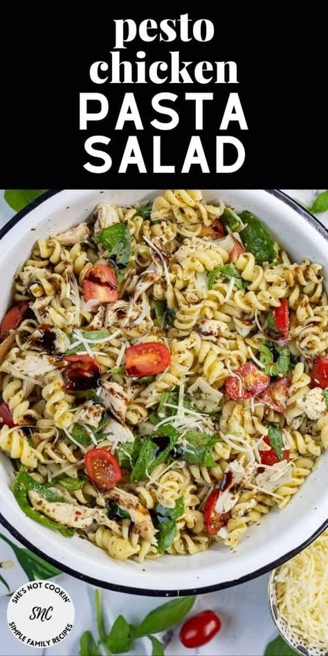 This Pesto Chicken Pasta Salad is about speed, simplicity and flavour! Ready in 20 minutes - all you have to do is cook the pasta and toss the ingredients in a bowl. Delicious as a main dish or side salad for your favourite meal. It's the perfect salad to go with your next backyard barbeque! Pasta Salad Rotisserie Chicken, Blackened Chicken Pesto Pasta, Cold Chicken Pesto Pasta Salad, Pesto Rotisserie Chicken, Rotisserie Chicken Pasta Salad Recipes, Chicken Pesto Pasta Salad Recipes, Pasta Salad With Rotisserie Chicken, Balsamic Chicken Pasta Salad, Rotisserie Chicken Pasta Salad