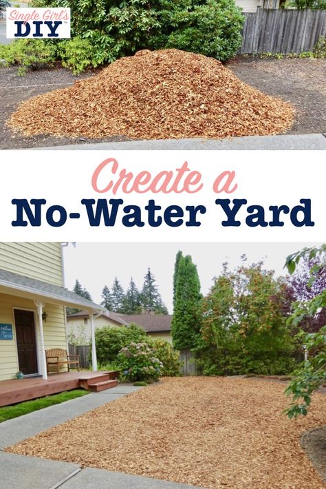 Wood Chips Landscaping, Wood Chips Garden, Water Saving Landscape, No Grass Yard, Mulch Yard, Xeriscape Front Yard, Xeriscape Landscaping, Mulch Landscaping, Lawn Alternatives