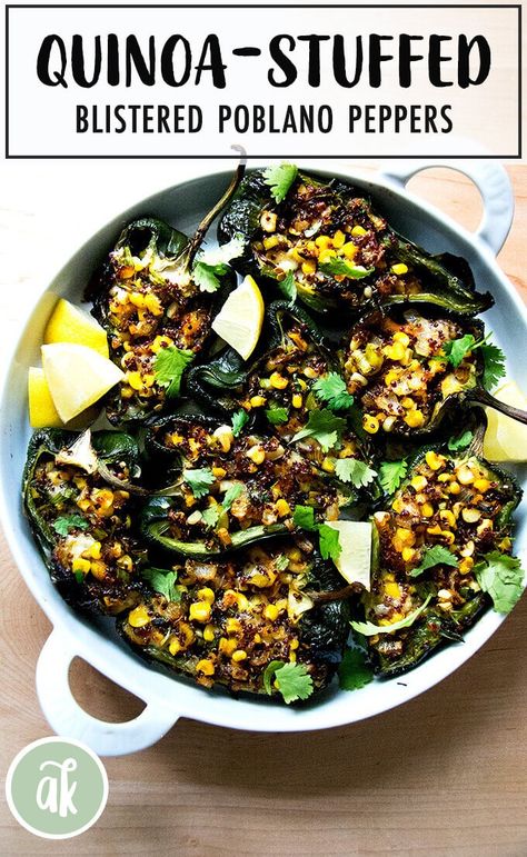 Quinoa-and-Corn-Stuffed Poblano Peppers with Monterey Jack — a summer favorite. This recipe can be adapted in countless ways — fill the blistered peppers with any combination of vegetables and cheese you like. #summer #peppers #corn #poblanos #quinoa #vegetarian #glutenfree Blistered Peppers, Pablano Pepper Recipe, Corn And Quinoa, Corn Quinoa, Keto Entrees, Poblano Peppers Recipes, Butternut Squash Lasagna, Roasted Poblano Peppers, Roasted Poblano