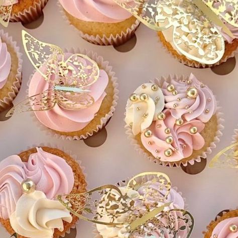 Treat Boutique on Instagram: "🦋🦋🦋 . . . . #treatboutique #cupcake #cupcakedecorating #cupcakedesign #cupcakeinspo #cupcakelove #1stbirthdaycupcakes #goldbutterflies #birthday #pinkcupcakes #food dessert #foodphotography #spring #springdesserts #buttercreamdecorating #cupcakereel #buttercreamrecipe #fyp #googongbusiness #baker #love #pretty #prettycupcakes" Once Upon A Time Cupcakes, Pink White And Gold Butterfly Party, Pink And Gold Cupcakes Birthday, Butterfly Baby Shower Cupcakes, Butterfly Theme Cupcakes, Quince Cupcakes, Quinceanera Cupcakes, Quince Treats, Butterfly Dessert Table