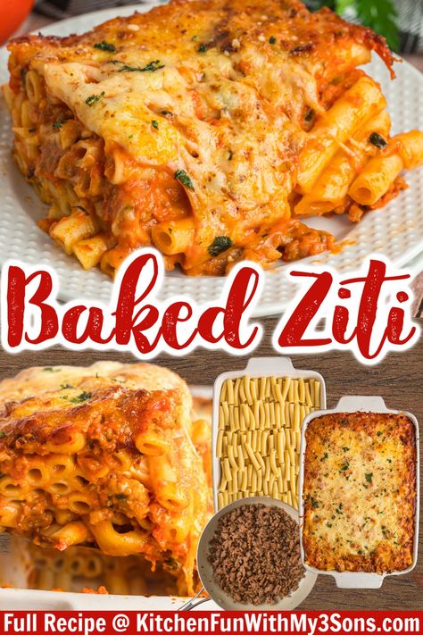 This Easy Baked Ziti recipe features layers of ziti noodles, sausage meat sauce, and mozzarella cheese baked to perfection. Ready in under an hour, it's an easy weeknight dinner the whole family will enjoy. Ziti Pasta Recipes, Noodles Sausage, Sausage Meat Sauce, Baked Ziti With Ground Beef, Ziti Noodles, Easy Dinners For Two, Easy Baked Ziti, Sausage Meat, Ziti Recipe