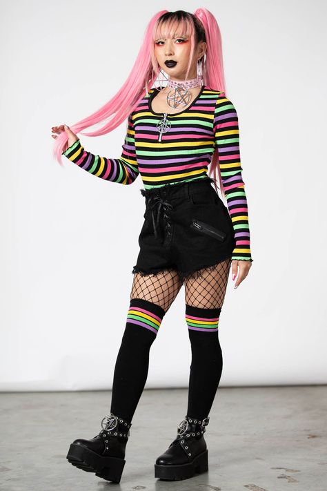 NIKIKO.- Ribbed, super stretch cotton fabric.- Statement stripe design.- Lettuce hem.- Cropped.- Scoop neck with zip.- Metal pentagram zip pendant.- Fitted.Model is 5ft 4 and wears a size XS.with KILLSTAR branding, 92% Cotton 8% Elastane. Color Punk Fashion, Pastel Goth Yellow, Pastel Goth Summer Outfits, Goth With Color, Rainbow Goth Outfit, Colorful Punk Fashion, Goth Pride Outfit, Rainbow Goth Aesthetic, Geek Outfits Women