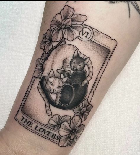 Cat Tarot Tattoo, Black Cat Tarot Card Tattoo, Cat In Frame Tattoo, Karma Is A Cat Tattoo, Cat Tarot Card Tattoo, Cat Tattoo Sleeve, Bea Tattoo, Fate Tattoo, Traditonal Tattoo