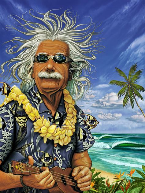 “Al” Einstein on Vacation | Rick Rietveld Art Einstein, The Beach, Guitar, Hair, White, Art, Albert Einstein