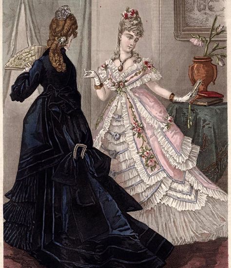 Happy weekend everyone ✨ El Correo de la moda 1873 🖤💖 for me the black dress is breathtaking. #goodmorning #breathtaking #blackdress #dresshistory #historicalfashion #fashionstyle #fashion #victorian #1870s #etsyshop #weekendvibes #instalike #loveit #theduchessantiques 1870s Dress, 1870 Fashion, Historical Garments, Fashion Eras, 1899 Fashion, Gaun Abad Pertengahan, The Black Dress, 1870s Fashion, Victorian Era Fashion