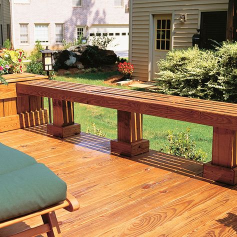 Use deck seating to create a barrier for the edge of your deck as well as to proved extra seating. Deck Bench Seating, Deck Bench, Simple Deck, Deck Seating, Building A Porch, Deck Projects, Built In Seating, Cool Deck, Deck Plans