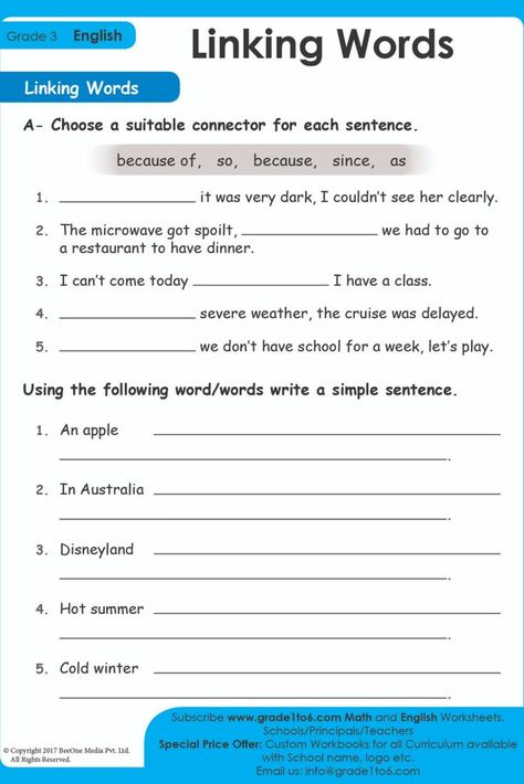 Linking Words Worksheets, English Worksheets For Grade 1, Conjunctions Worksheet, Free English Worksheets, Worksheets For Grade 1, Free Printable Alphabet Worksheets, Words Worksheet, Life Skills Class, Linking Words