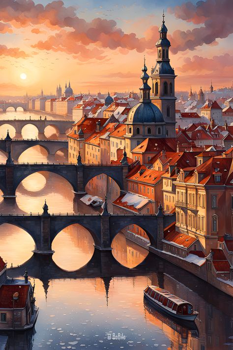 Classic style AI generated fantasy city landscape inspired by a famous old European city Fantasy City Landscape, Fantasy Venice, Fantasy Cityscape, City Structure, European City, Sunset City, Fantasy City, City Landscape, Traditional Art