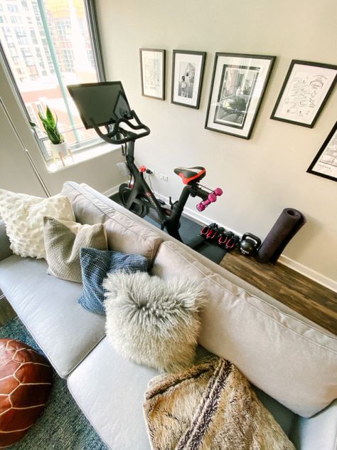 Small spaces. Not my photo. Peloton behind couch. #peloton Peloton Room Ideas, Peloton Room, Living Room Workout, Workout Room Home, Behind Couch, Peloton Bike, Gym Room At Home, Downtown Apartment, Guest Room Office