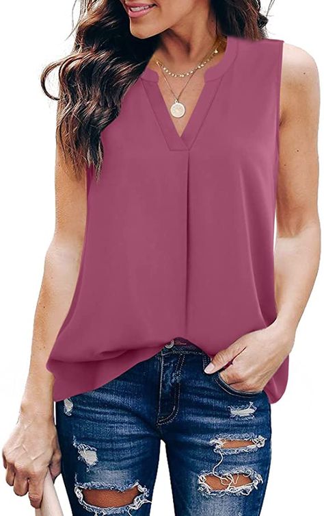 Timeson Women's Chiffon V Neck Sleeveless Blouse Tops Office Work Shirts : Clothing, Shoes & Jewelry Chiffon Tank Tops, Sleeveless Tunic Tops, Casual Tunics, Tunic Tank Tops, Summer Tank, Sleeveless Tunic, Casual Tank Tops, Boho Stil, Casual Blouse