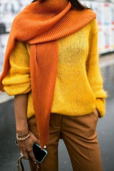 Loving this bright hue outfit! A bright yellow textured scarf against a yellow sweater and mustard yellow pants.. Shop our edit, starting at just $13. Yellow Jacket Outfit, Yellow Sweater Outfit, Mustard Yellow Outfit, Mustard Yellow Pants, Winter Jacket Outfits, Winter Coat Outfits, Mustard Yellow Sweater, Winter Sweater Outfits, Pullovers Outfit