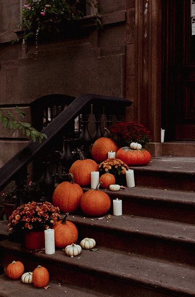 Brownstone Halloween Decorations, Halloween Doorstep, Brownstone Halloween, Brooklyn Halloween, Stoop Decor, Outdoor Porch Christmas Decor, New York Autumn, Nyc Brownstone, Christmas Decor Ideas Outdoor Porch